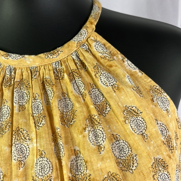 Maijin Yellow Metallic Gold Floral Print Sleeveless Smocked Waist Midi Dress - Picture 6 of 16